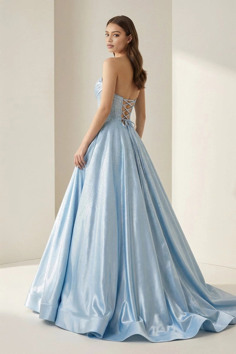 Sky blue floor-length prom dress with lace-up corset back and full ball gown skirt